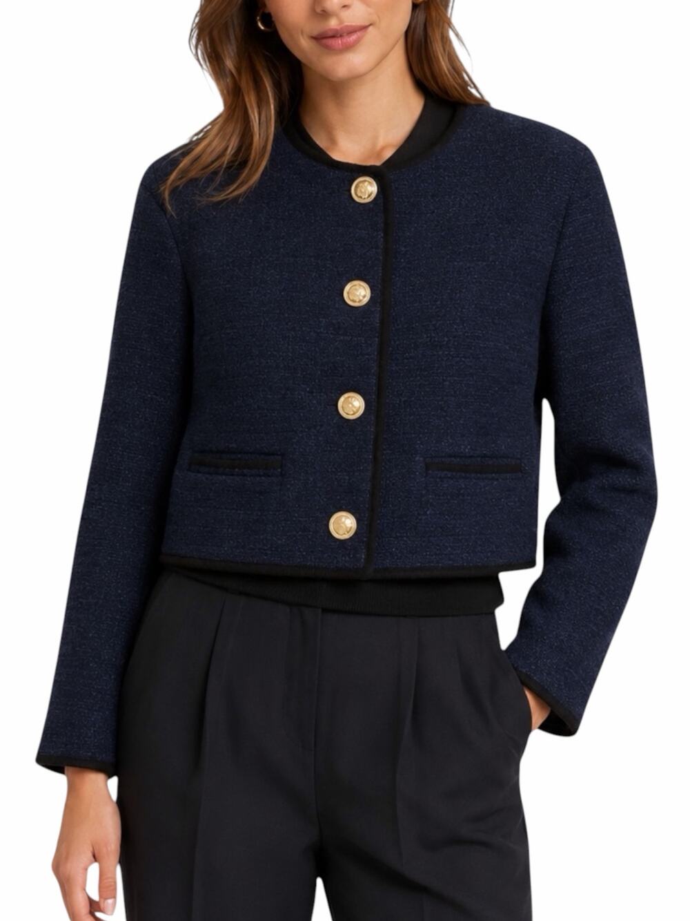 J. Crew Tweed Bomber Lady Jacket Wool Blend Navy Gold Button Size 14